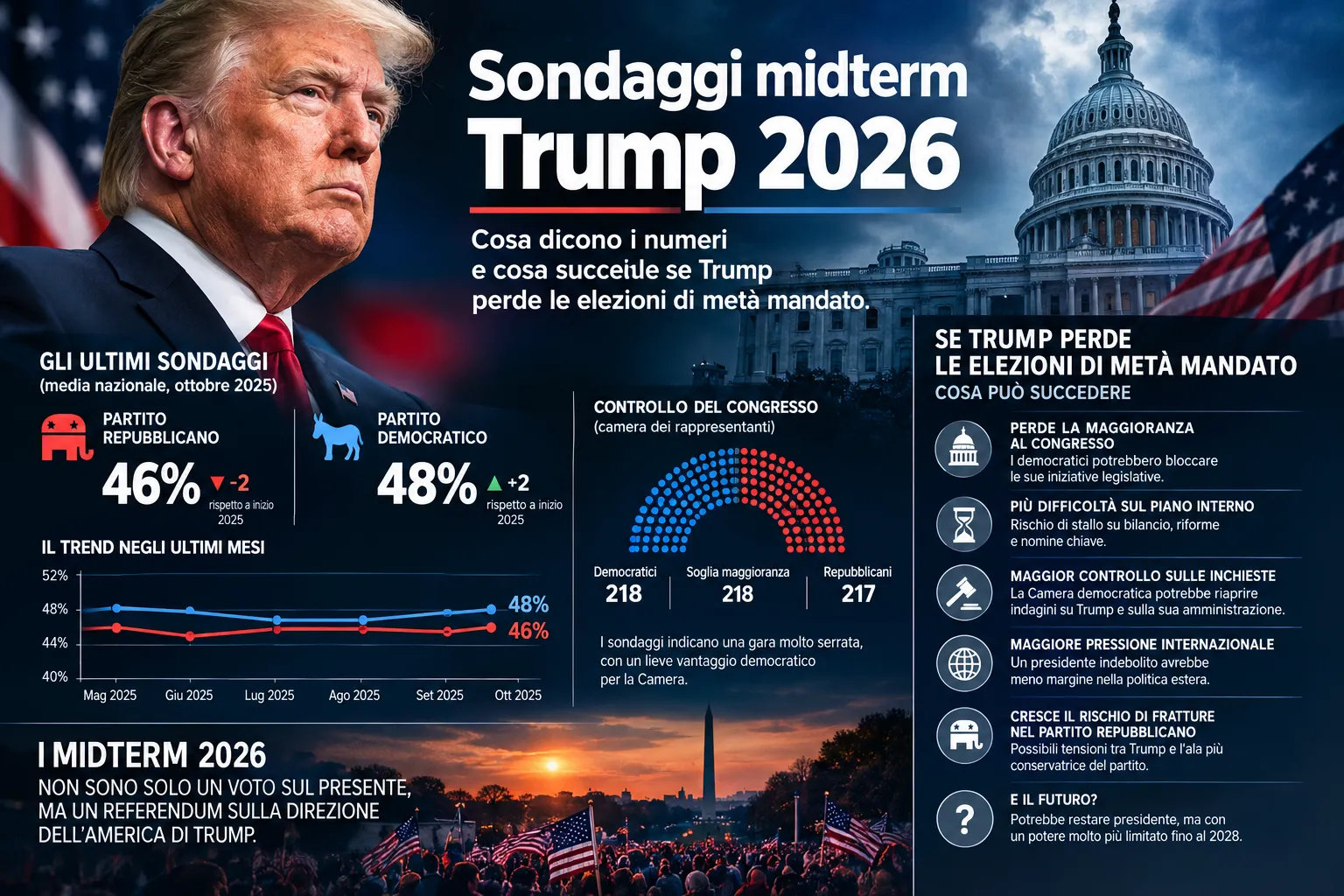 Sondaggi midterm Trump 2026: cosa dicono i numeri e cosa succede se Trump perde le elezioni di metΓ mandato
